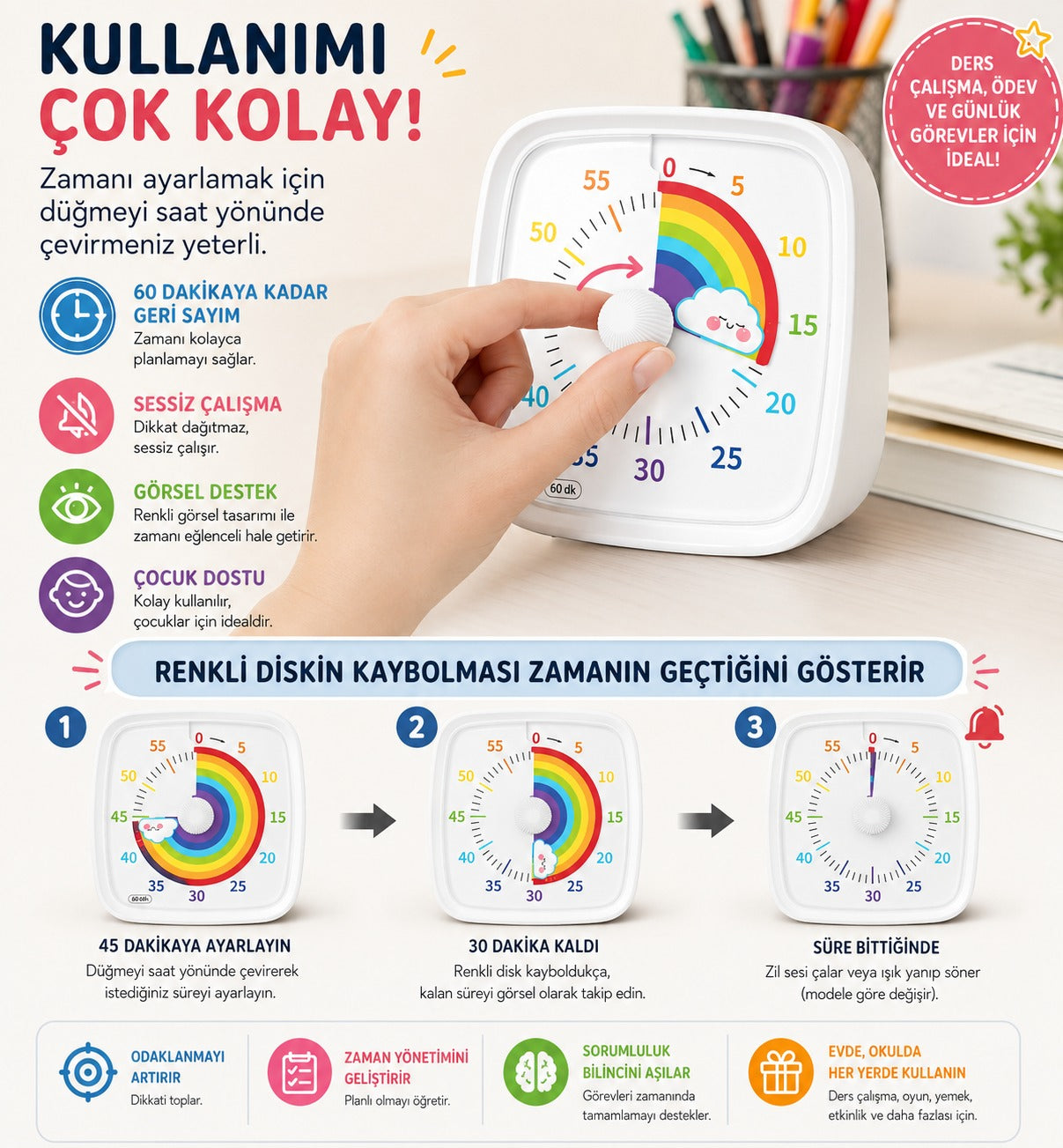 Markevar Gece Işıklı Görsel Zamanlayıcı Timer