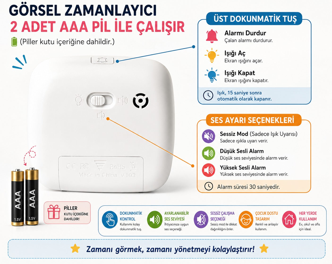 Markevar Gece Işıklı Görsel Zamanlayıcı Timer